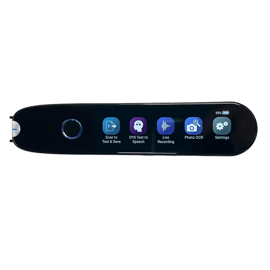 The IRISPen Reader 8 is an advanced assistive tool that scans and instantly converts printed text into digital, accessible formats. It features an LCD touch screen, raised buttons on the face and side, a scanner tip, and a camera lens.
