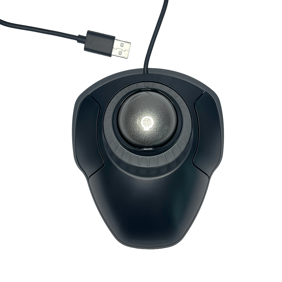 Borrow a USB-wired trackball mouse designed to reduce wrist and hand strain while computing. It features a 40mm hard, spherical ball that the user rolls in place to control cursor movement, a scroll ring for scanning up and down pages, and a detachable wrist rest for additional ergonomic support.
