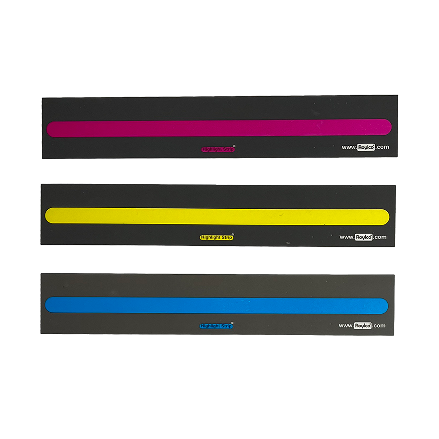 Text highlight strips in pink, yellow, and blue to isolate lines of text for improved visual tracking.